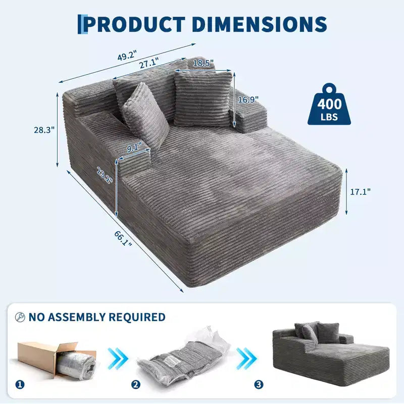 Acekool Oversized Corduroy Chaise Lounge Chair, Grey 67x50 Deep Seat Cloud Sleeper Couch Sofa Bed, No Assembly Floor Sofa for Living Room Bedroom