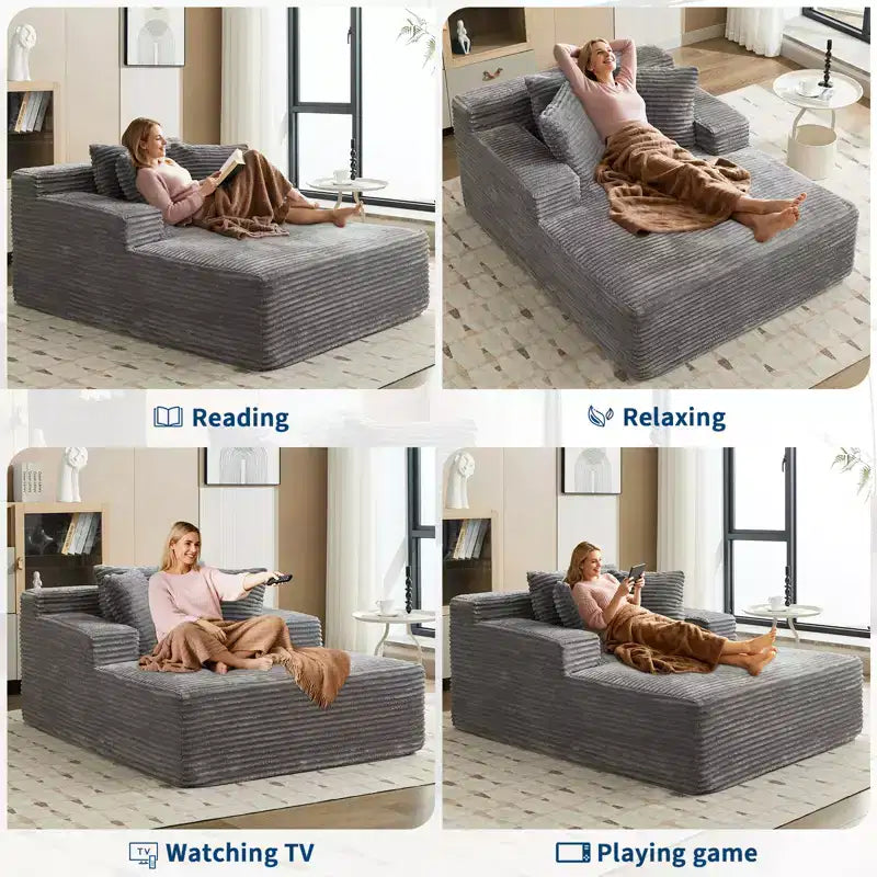 Acekool Oversized Corduroy Chaise Lounge Chair, Grey 67x50 Deep Seat Cloud Sleeper Couch Sofa Bed, No Assembly Floor Sofa for Living Room Bedroom