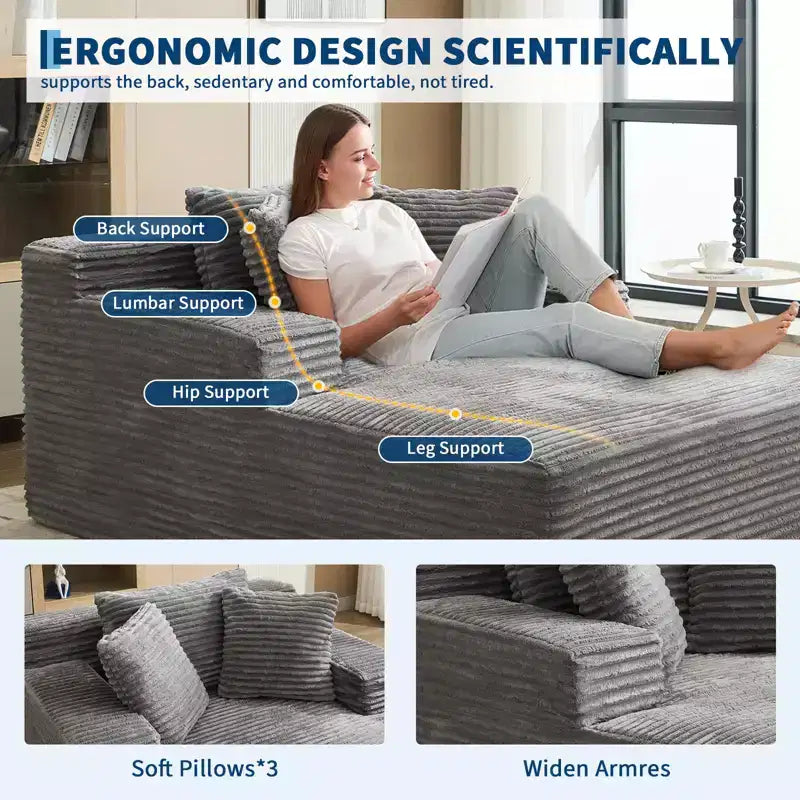 Acekool Oversized Corduroy Chaise Lounge Chair, Grey 67x50 Deep Seat Cloud Sleeper Couch Sofa Bed, No Assembly Floor Sofa for Living Room Bedroom