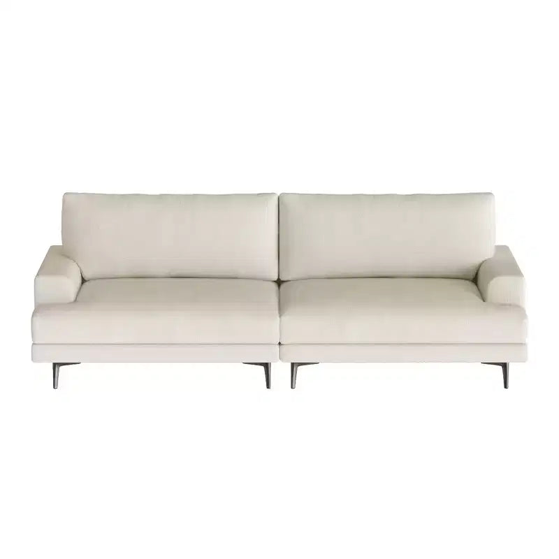 Canapé en tissu moderne Luck Live 86.61, coussins en plumes, assise en mousse haute densité, cadre en bois massif, pieds en métal