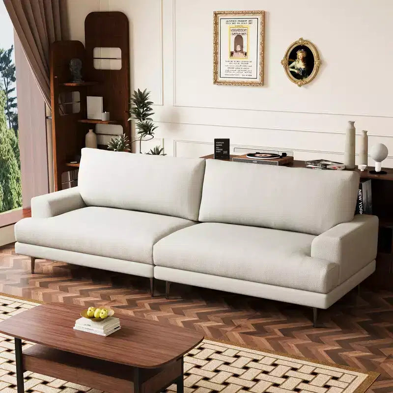Canapé en tissu moderne Luck Live 86.61, coussins en plumes, assise en mousse haute densité, cadre en bois massif, pieds en métal