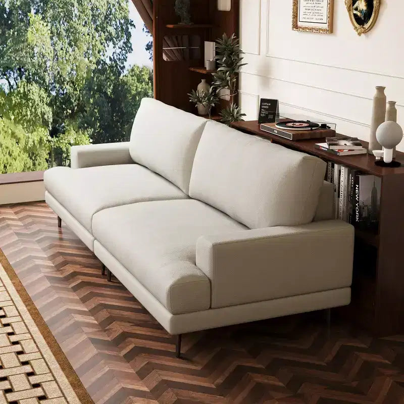 Canapé en tissu moderne Luck Live 86.61, coussins en plumes, assise en mousse haute densité, cadre en bois massif, pieds en métal