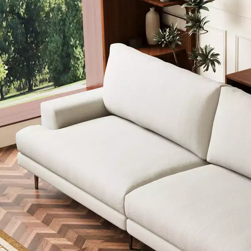 Canapé en tissu moderne Luck Live 86.61, coussins en plumes, assise en mousse haute densité, cadre en bois massif, pieds en métal
