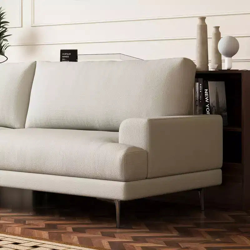 Canapé en tissu moderne Luck Live 86.61, coussins en plumes, assise en mousse haute densité, cadre en bois massif, pieds en métal