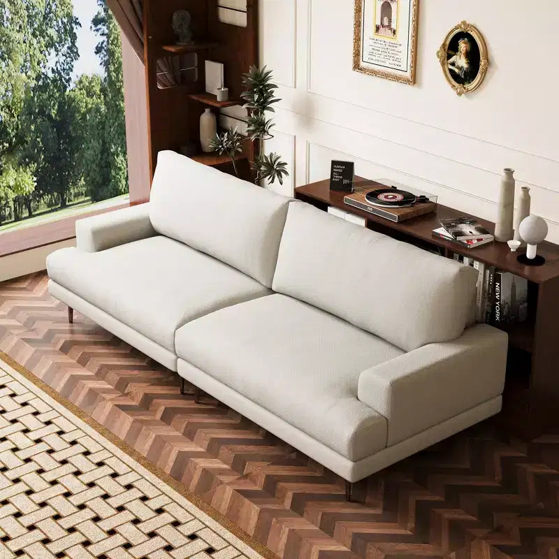Canapé en tissu moderne Luck Live 86.61, coussins en plumes, assise en mousse haute densité, cadre en bois massif, pieds en métal