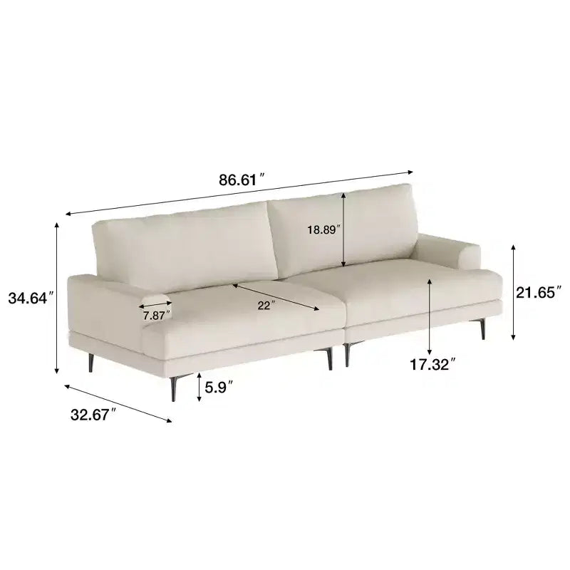 Canapé en tissu moderne Luck Live 86.61, coussins en plumes, assise en mousse haute densité, cadre en bois massif, pieds en métal