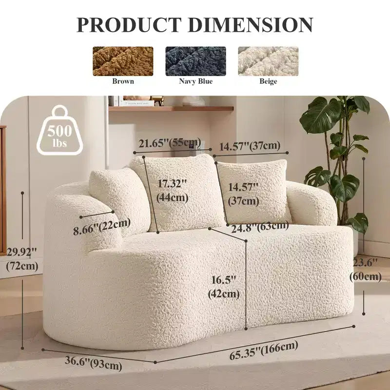 KERDOM Curved Back Teddy Bear Fabric Sofa with Comfy Seat Cushion and 3 pillows, Suitable For Living room