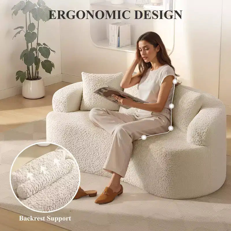 KERDOM Curved Back Teddy Bear Fabric Sofa with Comfy Seat Cushion and 3 pillows, Suitable For Living room