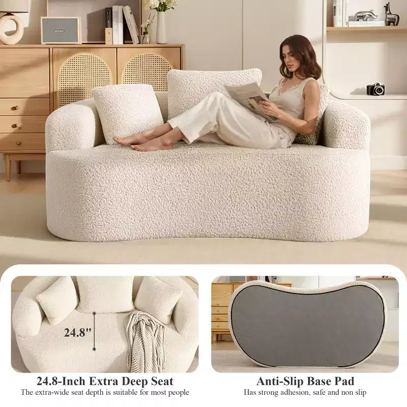 KERDOM Curved Back Teddy Bear Fabric Sofa with Comfy Seat Cushion and 3 pillows, Suitable For Living room