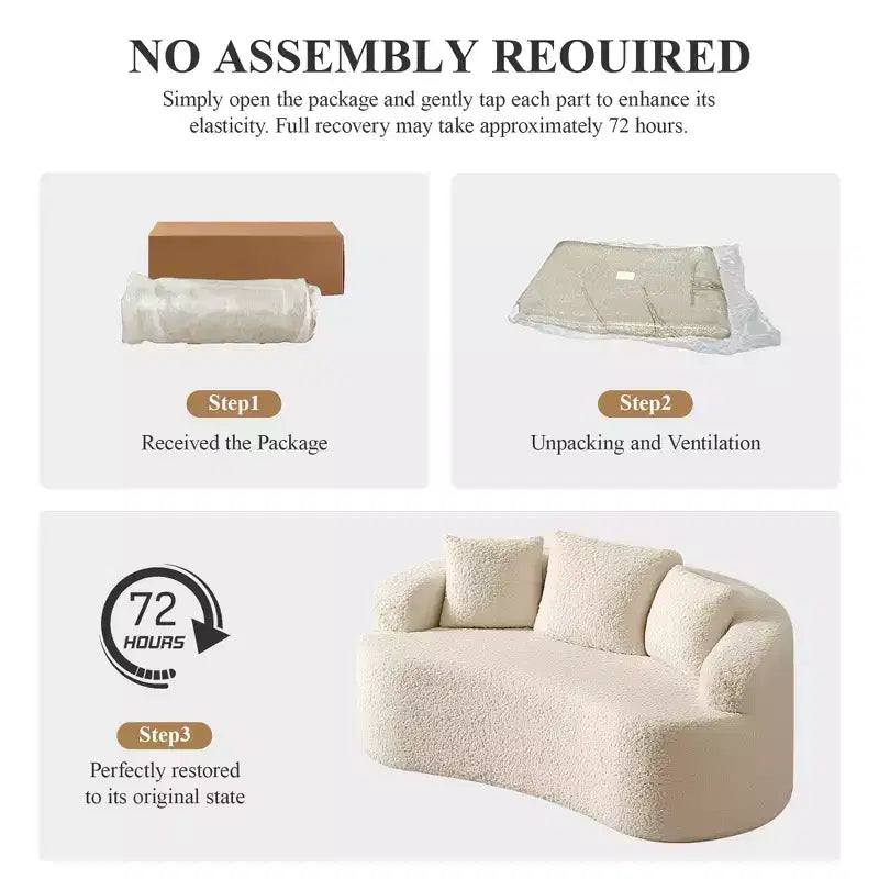 KERDOM Curved Back Teddy Bear Fabric Sofa with Comfy Seat Cushion and 3 pillows, Suitable For Living room