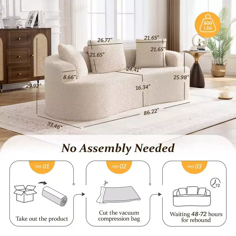 KERDOM Curved Back Teddy Bear Fabric Sofa with Comfy Seat Cushion and 3 pillows, Suitable For Living room