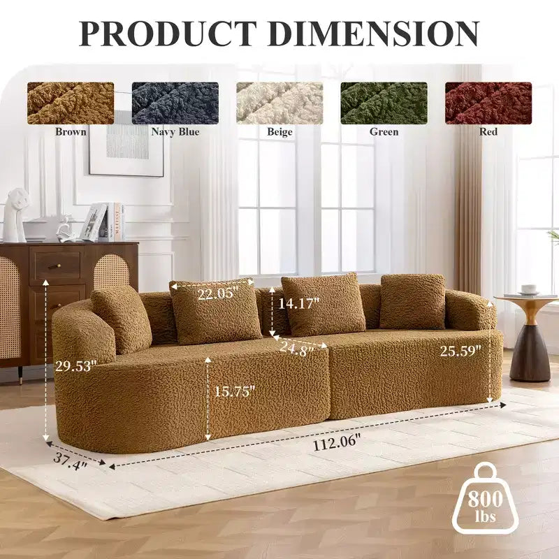 KERDOM Curved Back Teddy Bear Fabric Sofa with Comfy Seat Cushion and 3 pillows, Suitable For Living room
