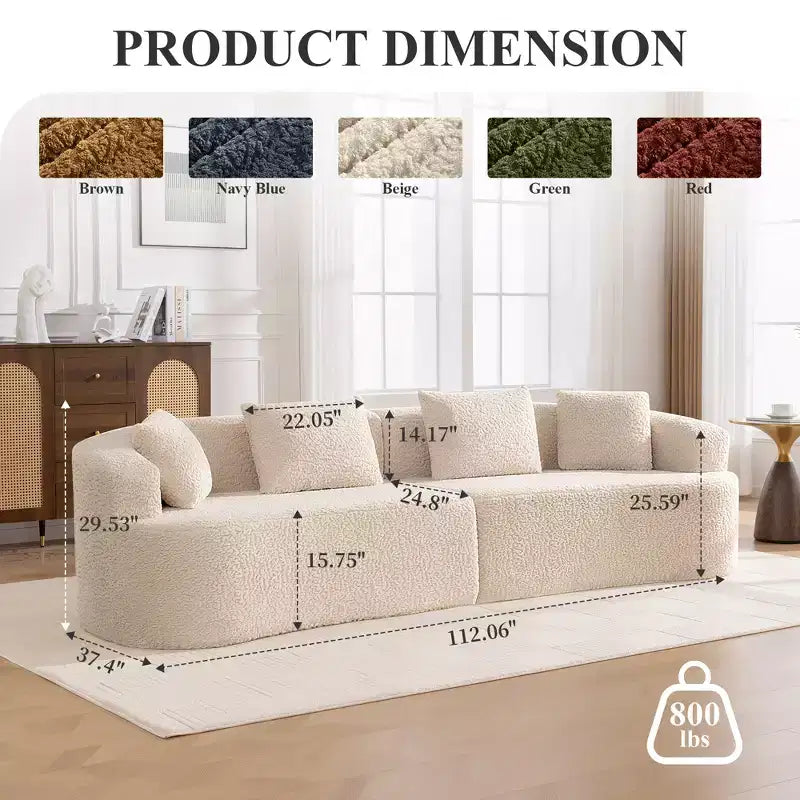 KERDOM Curved Back Teddy Bear Fabric Sofa with Comfy Seat Cushion and 3 pillows, Suitable For Living room
