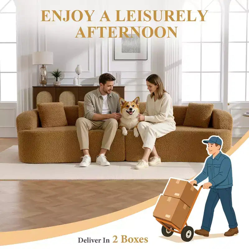 KERDOM Curved Back Teddy Bear Fabric Sofa with Comfy Seat Cushion and 3 pillows, Suitable For Living room