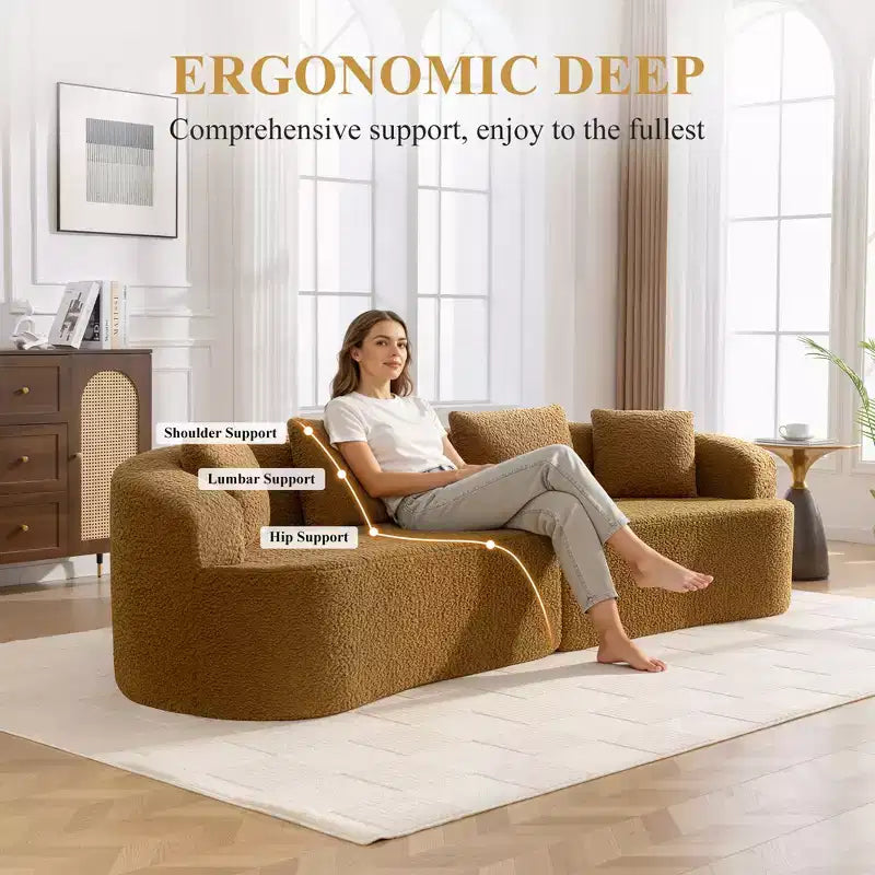 KERDOM Curved Back Teddy Bear Fabric Sofa with Comfy Seat Cushion and 3 pillows, Suitable For Living room