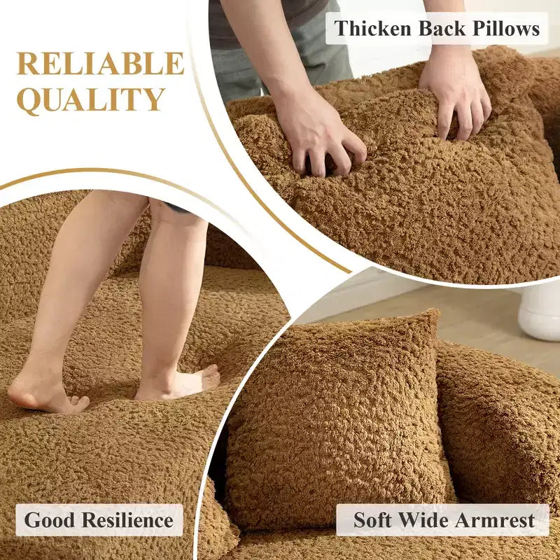 KERDOM Curved Back Teddy Bear Fabric Sofa with Comfy Seat Cushion and 3 pillows, Suitable For Living room