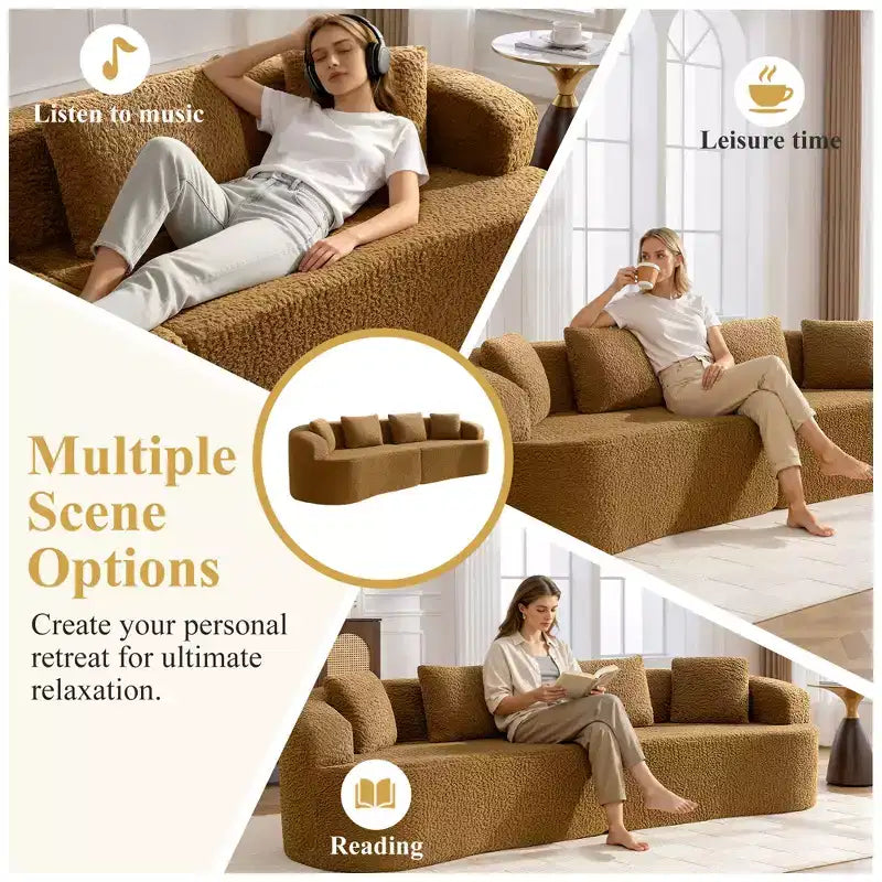 KERDOM Curved Back Teddy Bear Fabric Sofa with Comfy Seat Cushion and 3 pillows, Suitable For Living room