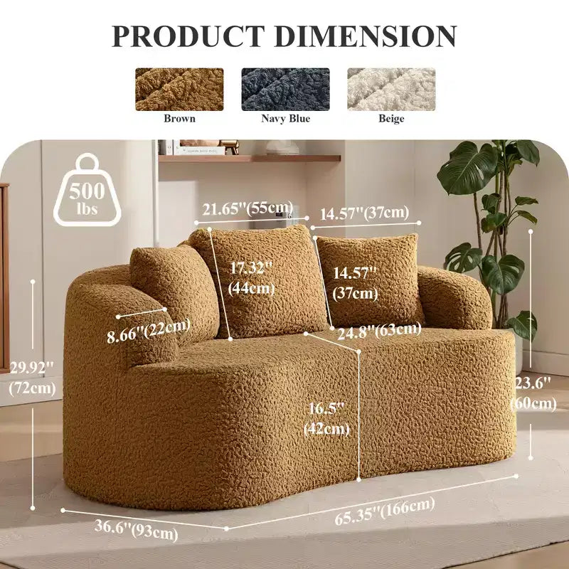KERDOM Curved Back Teddy Bear Fabric Sofa with Comfy Seat Cushion and 3 pillows, Suitable For Living room