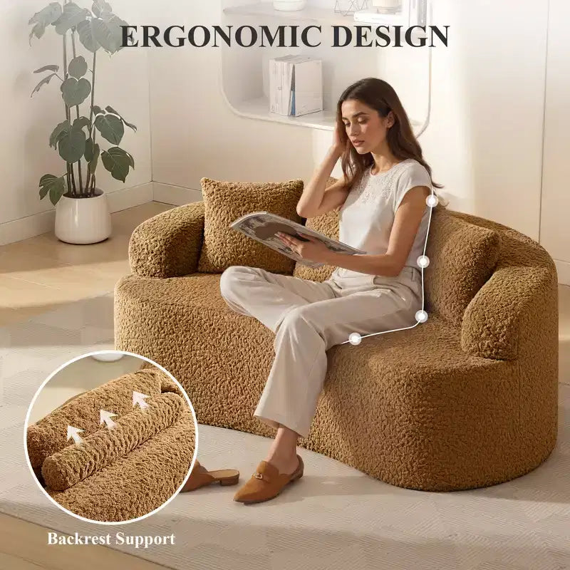 KERDOM Curved Back Teddy Bear Fabric Sofa with Comfy Seat Cushion and 3 pillows, Suitable For Living room