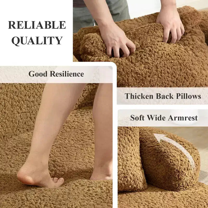 KERDOM Curved Back Teddy Bear Fabric Sofa with Comfy Seat Cushion and 3 pillows, Suitable For Living room