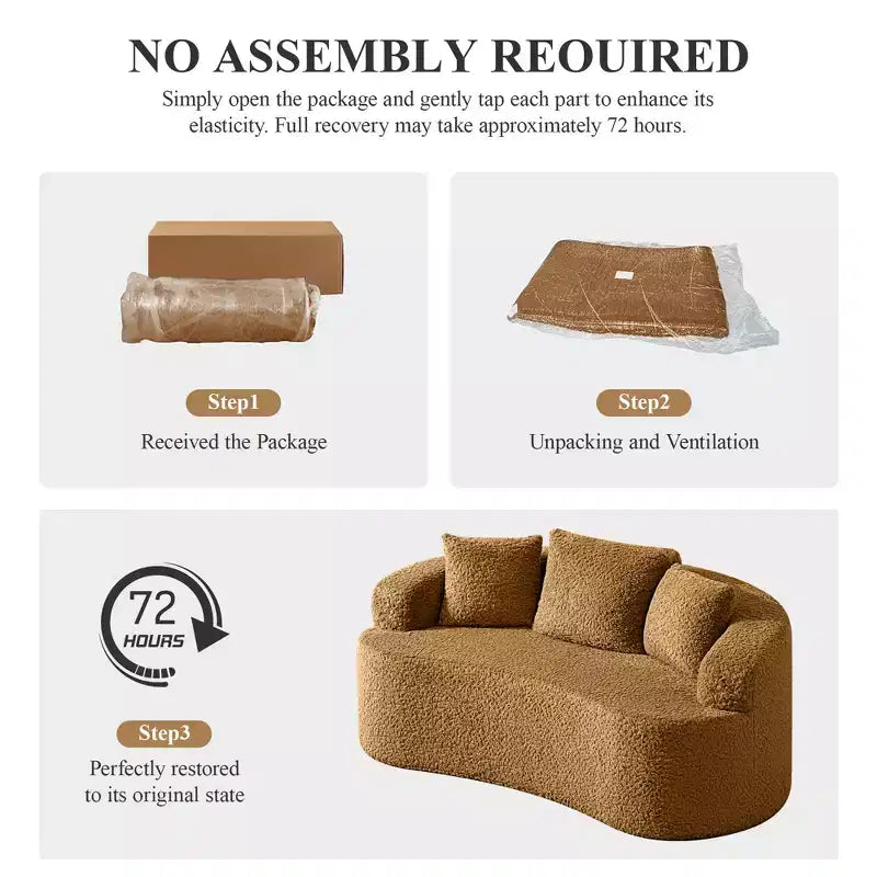 KERDOM Curved Back Teddy Bear Fabric Sofa with Comfy Seat Cushion and 3 pillows, Suitable For Living room