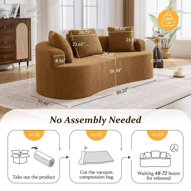 KERDOM Curved Back Teddy Bear Fabric Sofa with Comfy Seat Cushion and 3 pillows, Suitable For Living room