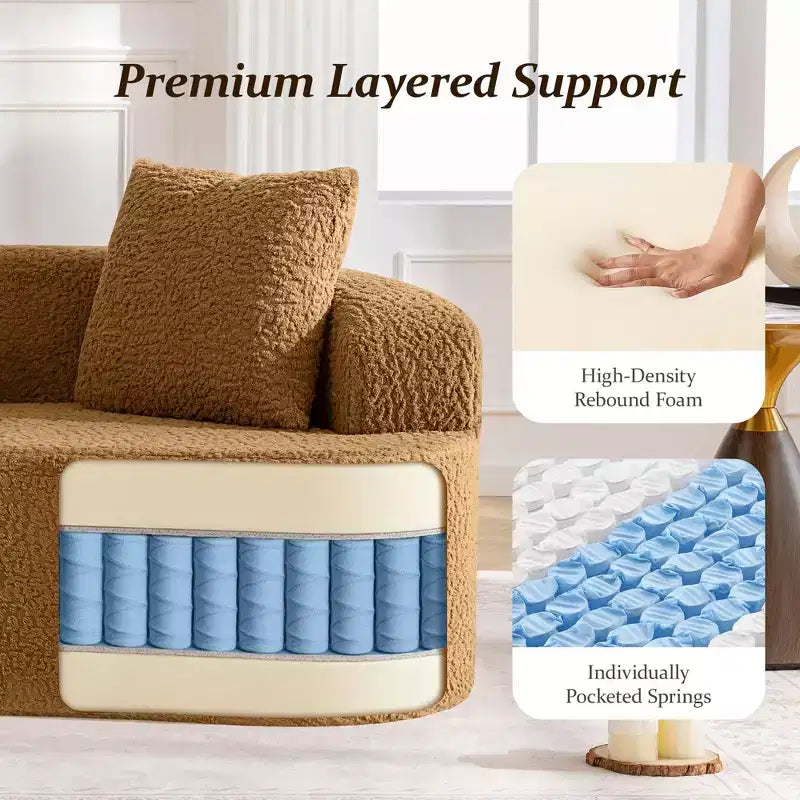 KERDOM Curved Back Teddy Bear Fabric Sofa with Comfy Seat Cushion and 3 pillows, Suitable For Living room