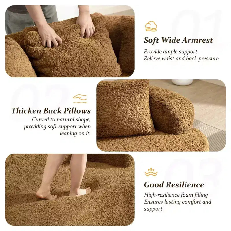 KERDOM Curved Back Teddy Bear Fabric Sofa with Comfy Seat Cushion and 3 pillows, Suitable For Living room