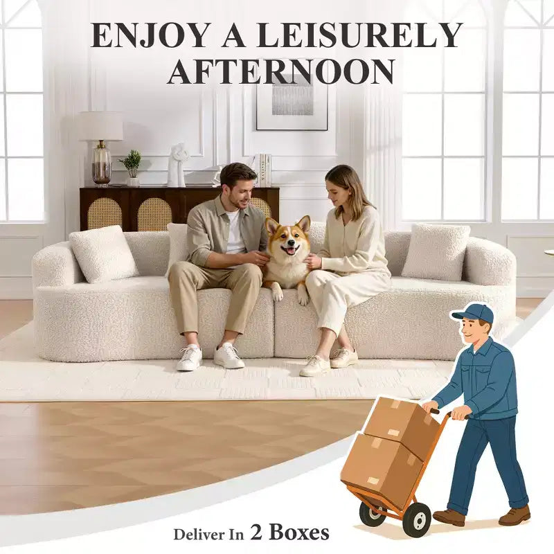 KERDOM Curved Back Teddy Bear Fabric Sofa with Comfy Seat Cushion and 3 pillows, Suitable For Living room