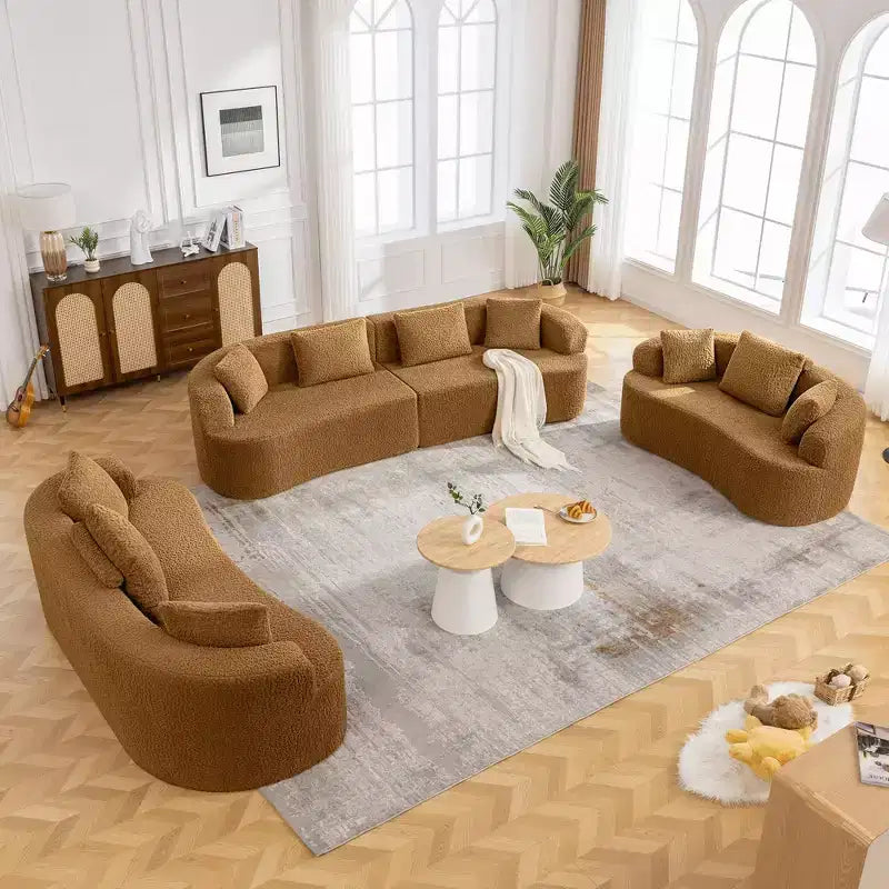 KERDOM Curved Back Teddy Bear Fabric Sofa with Comfy Seat Cushion and 3 pillows, Suitable For Living room