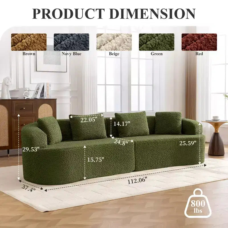 KERDOM Curved Back Teddy Bear Fabric Sofa with Comfy Seat Cushion and 3 pillows, Suitable For Living room