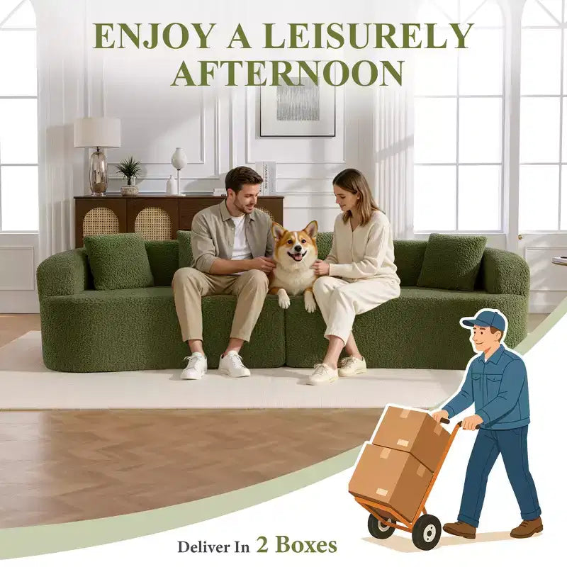 KERDOM Curved Back Teddy Bear Fabric Sofa with Comfy Seat Cushion and 3 pillows, Suitable For Living room