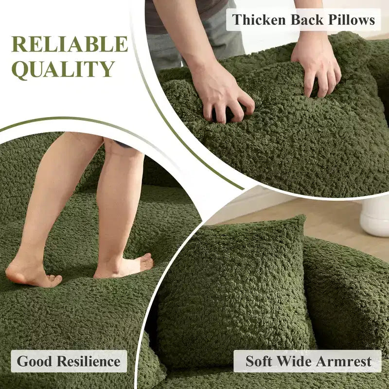 KERDOM Curved Back Teddy Bear Fabric Sofa with Comfy Seat Cushion and 3 pillows, Suitable For Living room