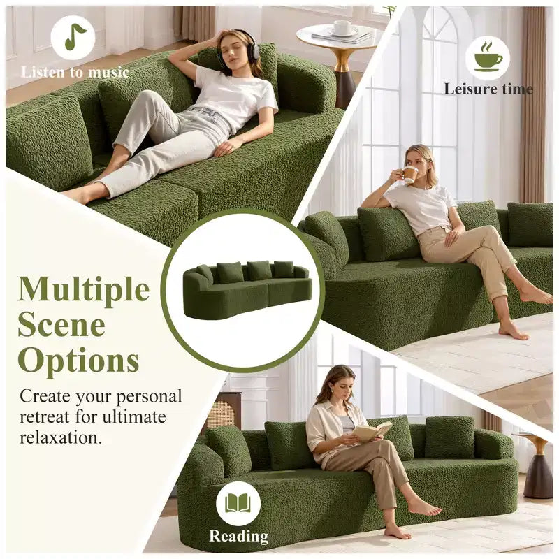 KERDOM Curved Back Teddy Bear Fabric Sofa with Comfy Seat Cushion and 3 pillows, Suitable For Living room