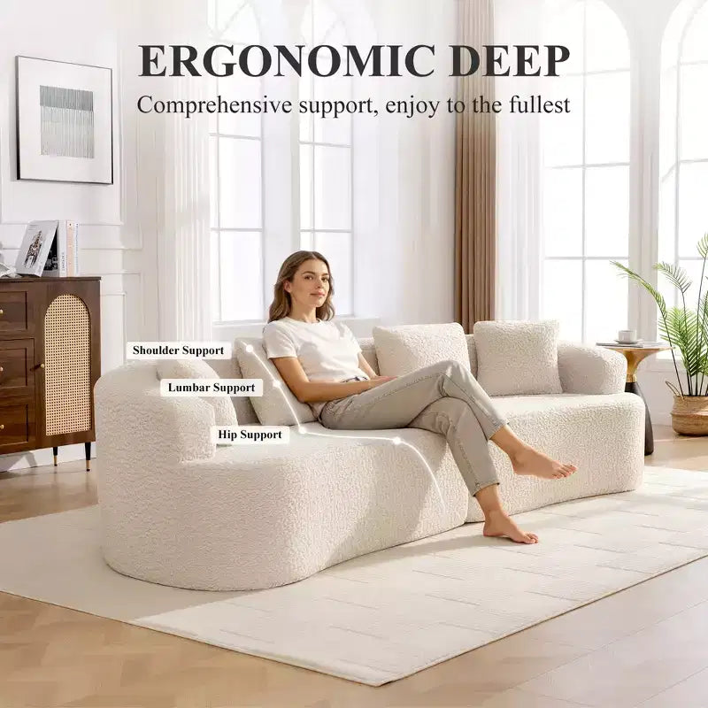 KERDOM Curved Back Teddy Bear Fabric Sofa with Comfy Seat Cushion and 3 pillows, Suitable For Living room