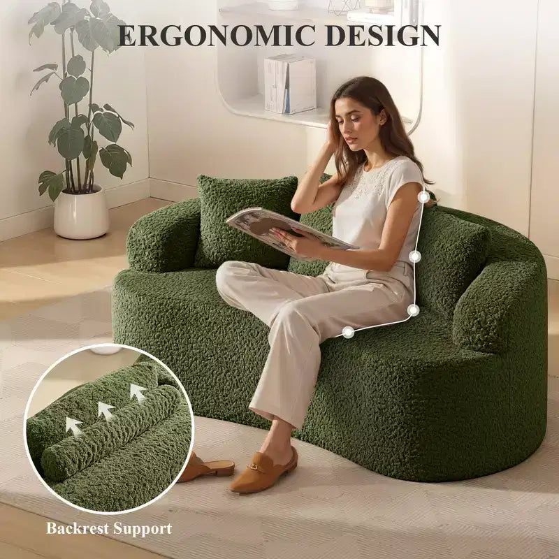 KERDOM Curved Back Teddy Bear Fabric Sofa with Comfy Seat Cushion and 3 pillows, Suitable For Living room