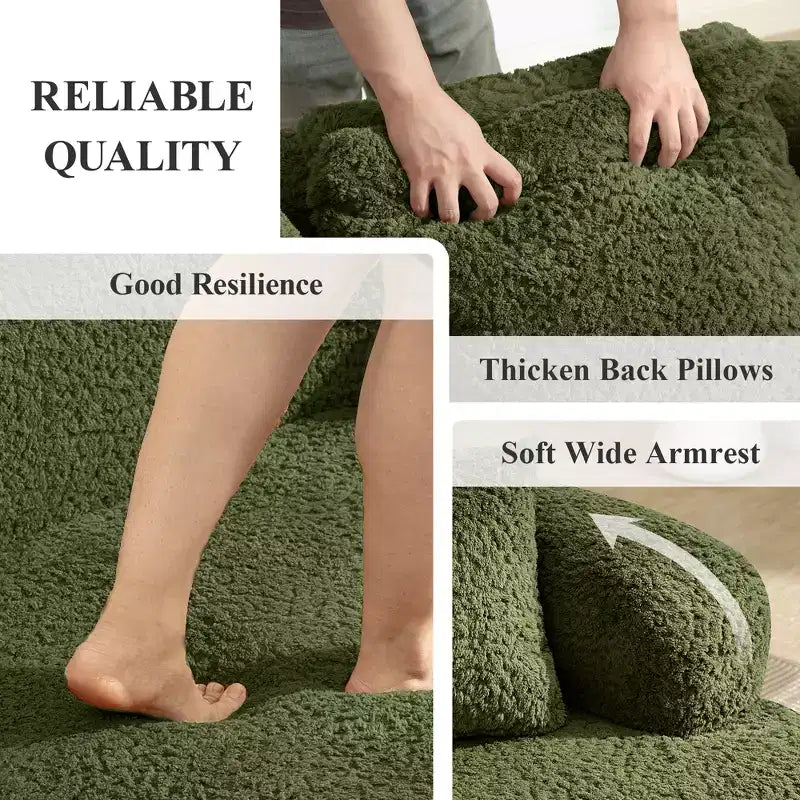 KERDOM Curved Back Teddy Bear Fabric Sofa with Comfy Seat Cushion and 3 pillows, Suitable For Living room
