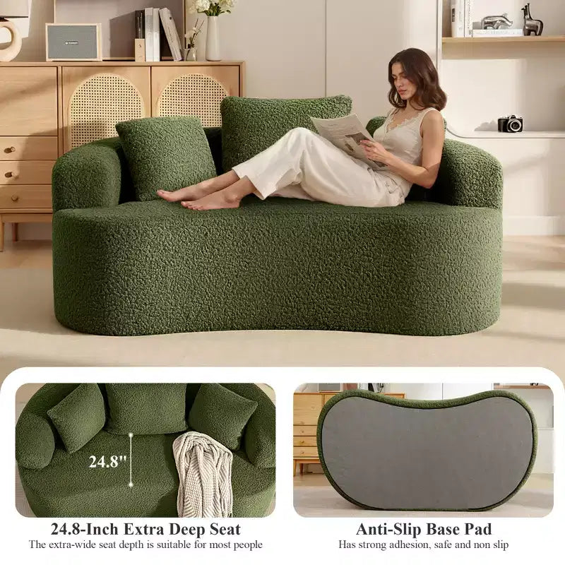 KERDOM Curved Back Teddy Bear Fabric Sofa with Comfy Seat Cushion and 3 pillows, Suitable For Living room