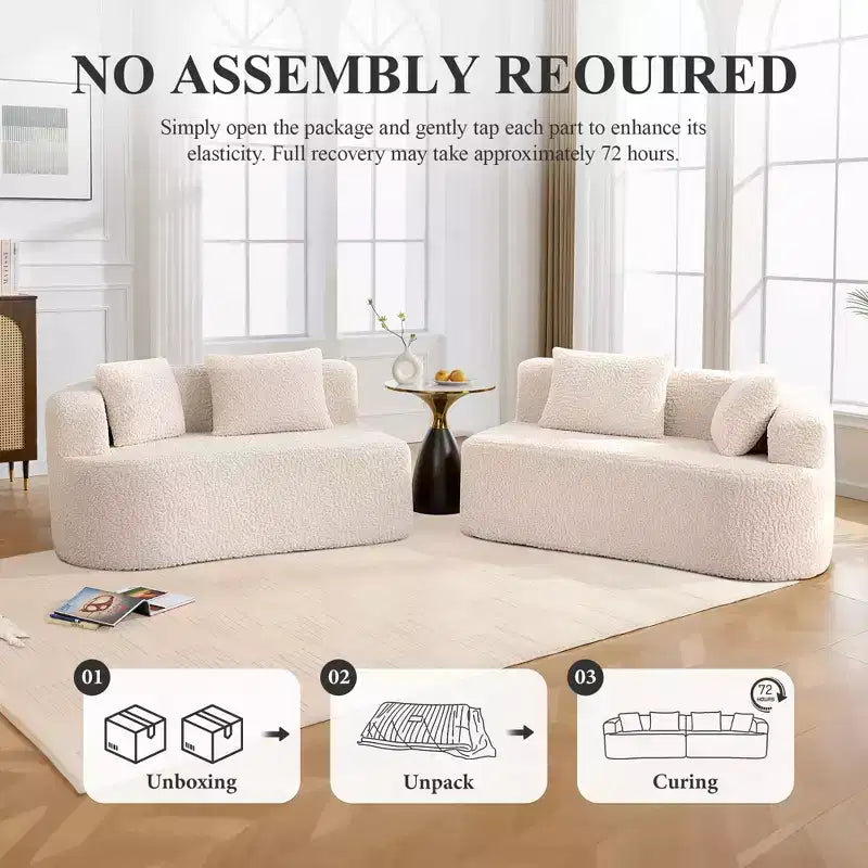 KERDOM Curved Back Teddy Bear Fabric Sofa with Comfy Seat Cushion and 3 pillows, Suitable For Living room