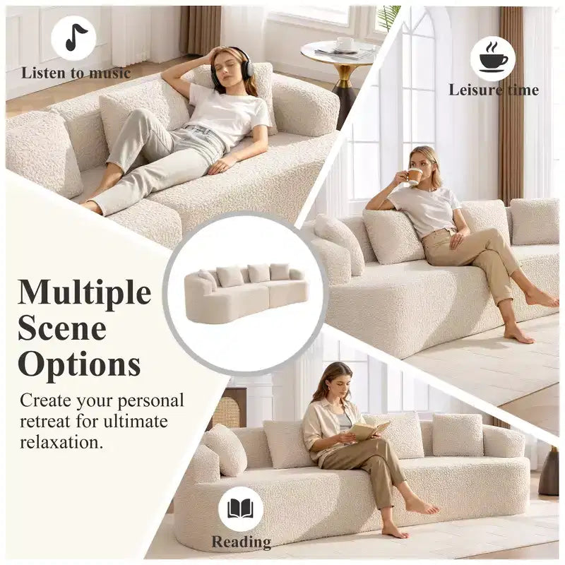 KERDOM Curved Back Teddy Bear Fabric Sofa with Comfy Seat Cushion and 3 pillows, Suitable For Living room