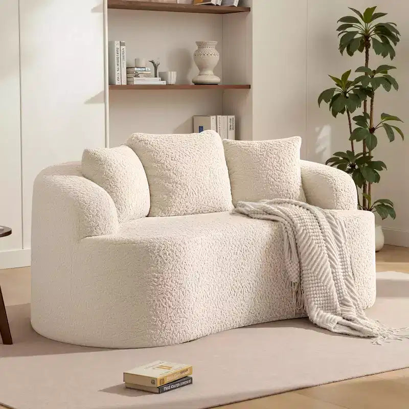 KERDOM Curved Back Teddy Bear Fabric Sofa with Comfy Seat Cushion and 3 pillows, Suitable For Living room