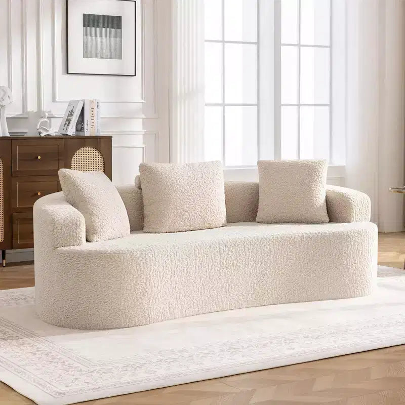 KERDOM Curved Back Teddy Bear Fabric Sofa with Comfy Seat Cushion and 3 pillows, Suitable For Living room