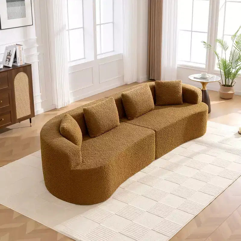 KERDOM Curved Back Teddy Bear Fabric Sofa with Comfy Seat Cushion and 3 pillows, Suitable For Living room