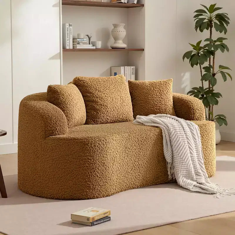 KERDOM Curved Back Teddy Bear Fabric Sofa with Comfy Seat Cushion and 3 pillows, Suitable For Living room