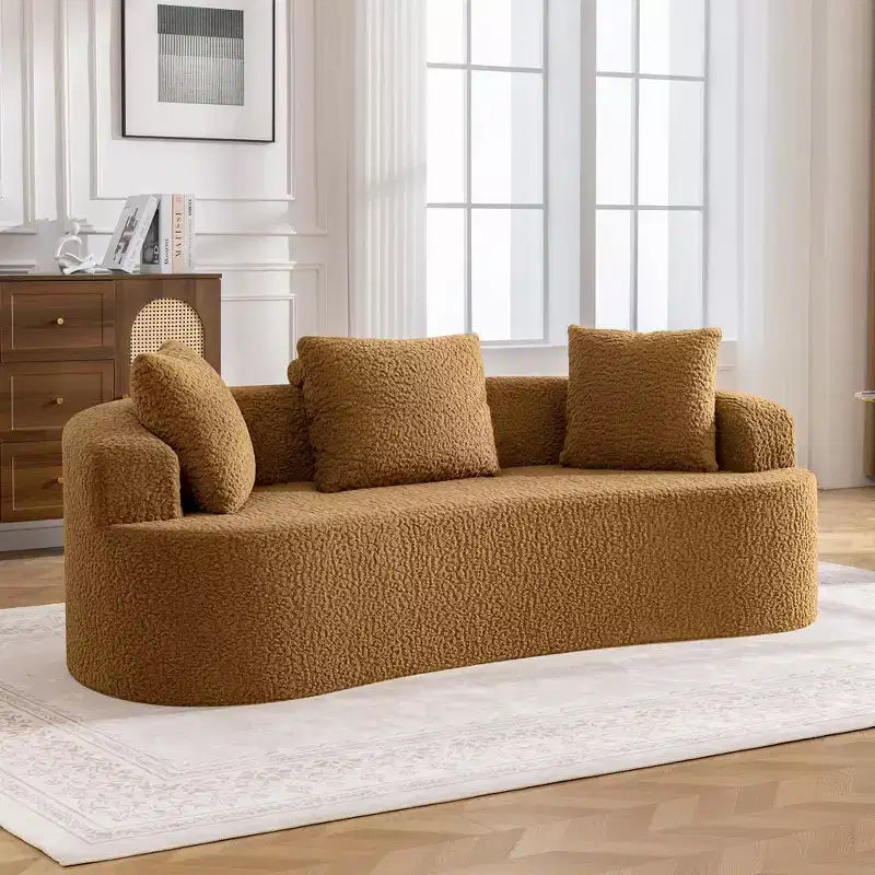 KERDOM Curved Back Teddy Bear Fabric Sofa with Comfy Seat Cushion and 3 pillows, Suitable For Living room
