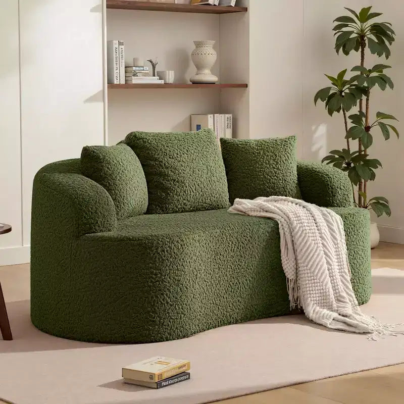 KERDOM Curved Back Teddy Bear Fabric Sofa with Comfy Seat Cushion and 3 pillows, Suitable For Living room