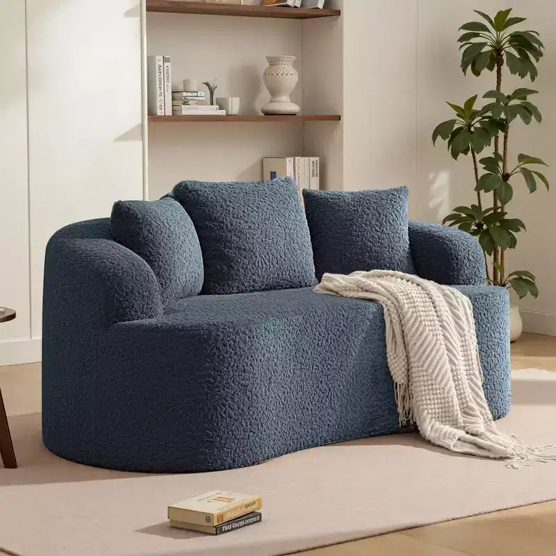 KERDOM Curved Back Teddy Bear Fabric Sofa with Comfy Seat Cushion and 3 pillows, Suitable For Living room