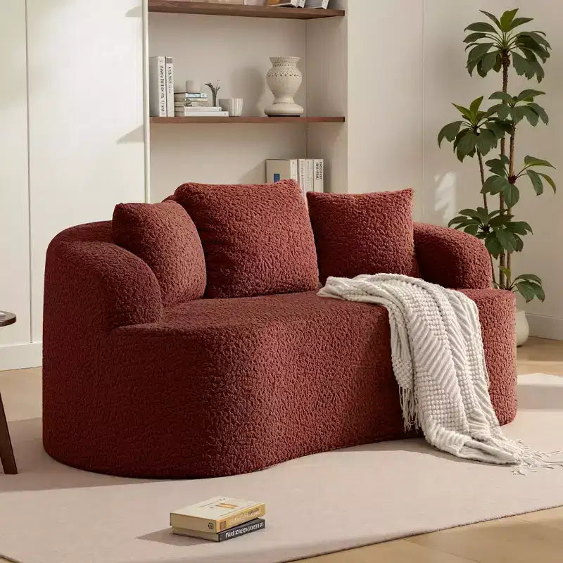 KERDOM Curved Back Teddy Bear Fabric Sofa with Comfy Seat Cushion and 3 pillows, Suitable For Living room