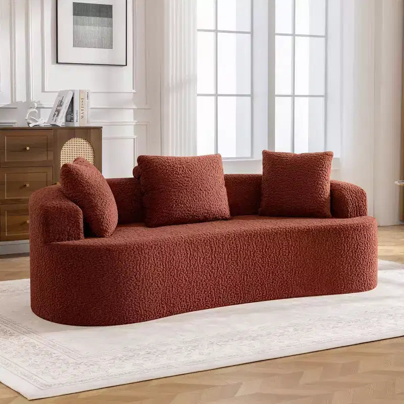 KERDOM Curved Back Teddy Bear Fabric Sofa with Comfy Seat Cushion and 3 pillows, Suitable For Living room