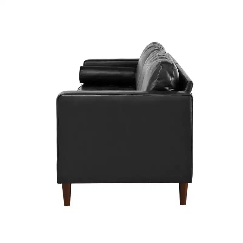 Whisen PU Leather 3-Seat Sofa, Mid-Century Modern Sofa Couch with Tufted Design, Solid Wood Legs, 2 Bolster Pillows